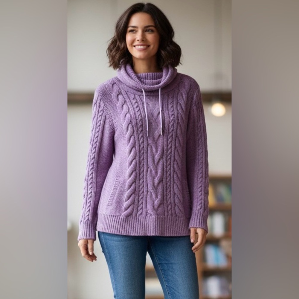 L.L.Bean violet 100% cotton funnel neck sweater, cable knit, neck drawstring, L